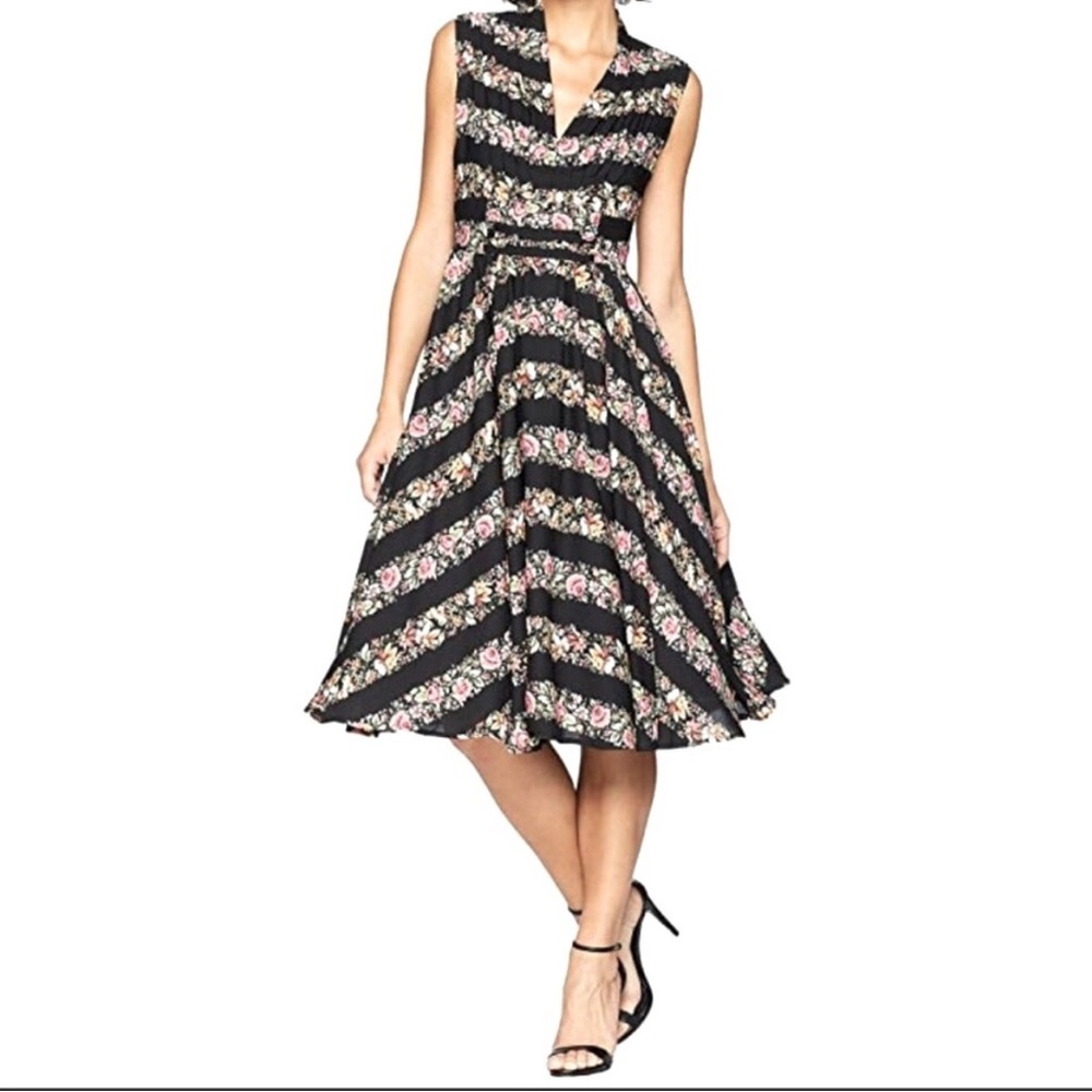 Striped Floral Unique Vintage 50s Swing Dress - Picture 5 of 8